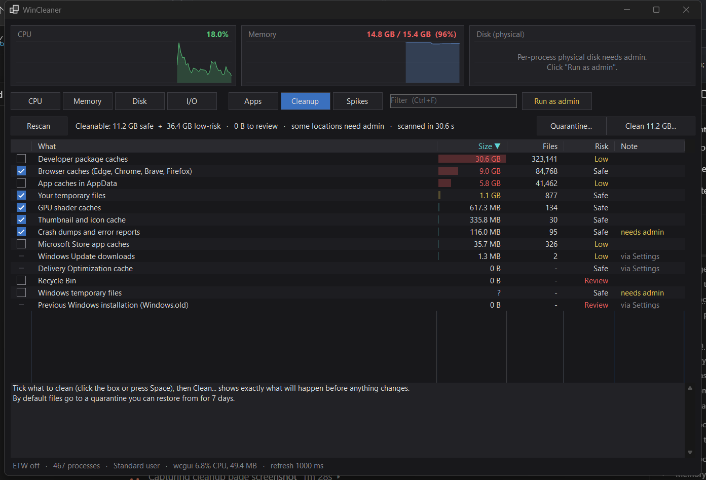 Cleanup page listing cache and temp categories with sizes and risk levels